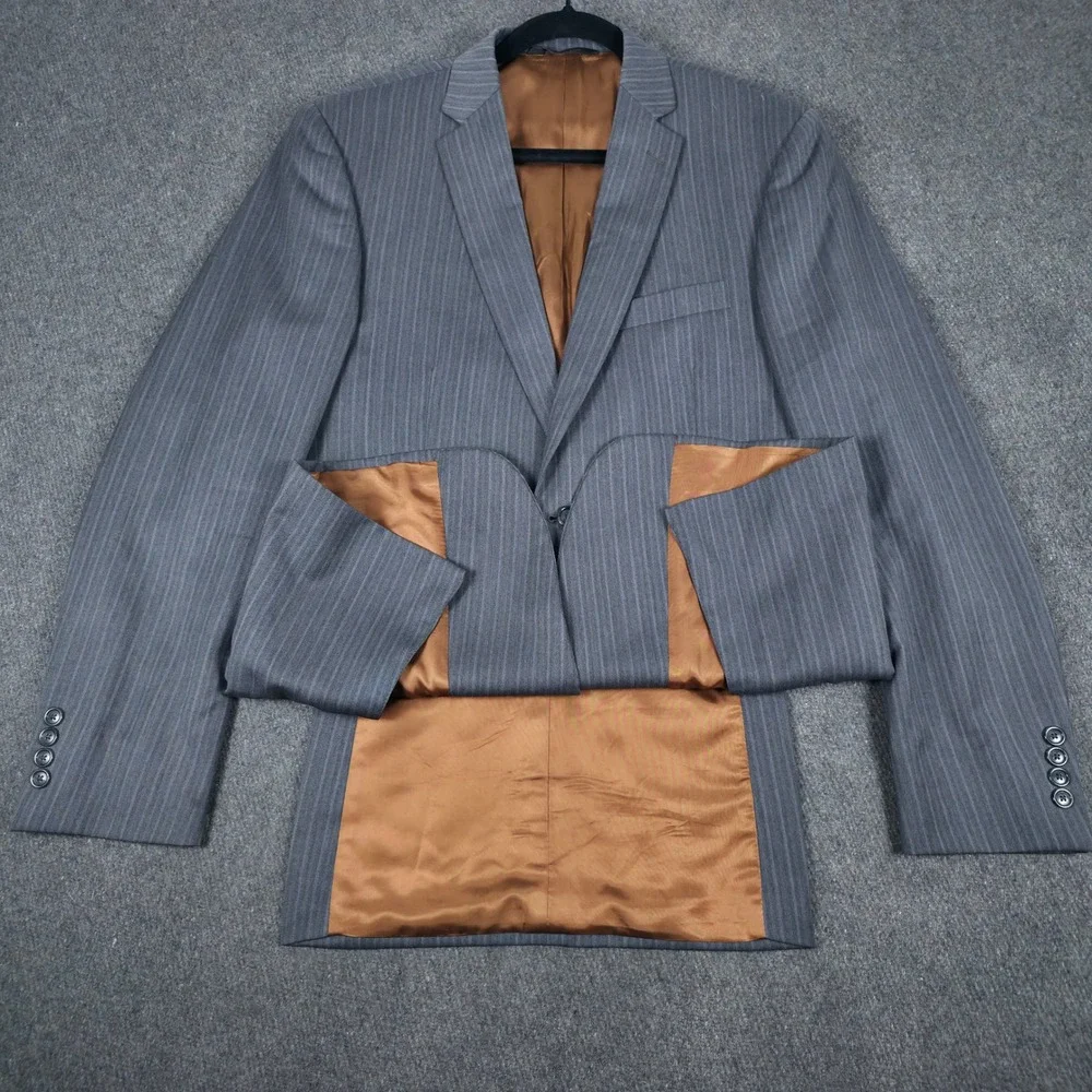 Jos A Bank Pinstripe Blazer Mens 40 Long Grey Metropolitan 100% Wool Slim Fit